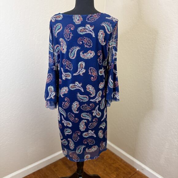 Allison Brittney Blue Paisley Bell Sleeve Chiffon Dress PL Petite Lined - Picture 2 of 8